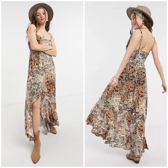 Free People Forever Yours Smocked Slip Maxi Dress Small Brown Black Floral Boho - Picture 13 of 13
